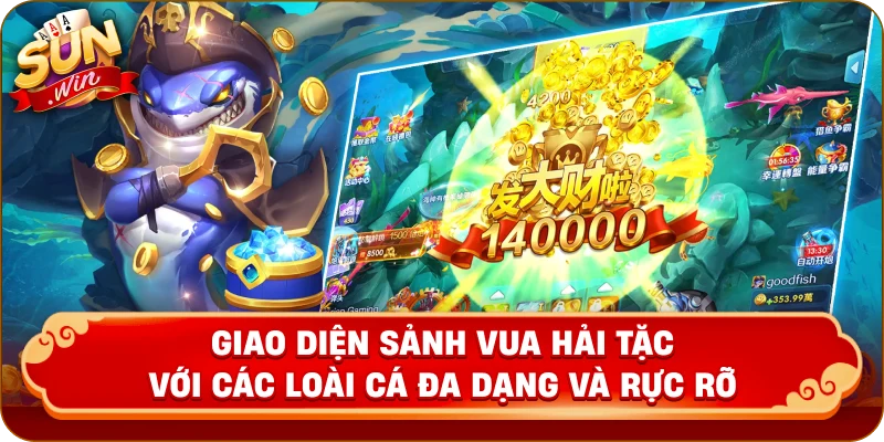 Giao diện sảnh Vua Hải Tặc với các loài cá đa dạng và rực rỡ.